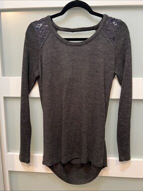 Double Zero Charcoal Gray Lace-Shoulder Long Sleeve Top